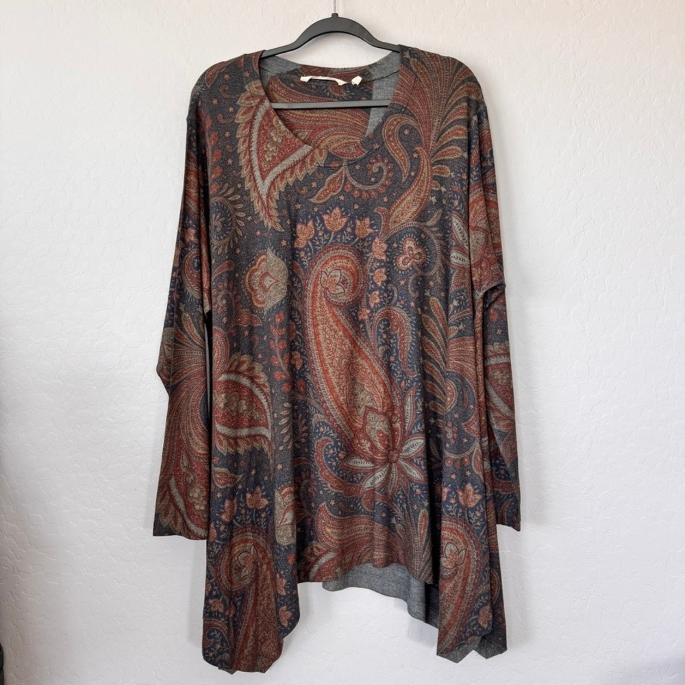 Soft Surroundings 3X Tunic Multi Long Sleeve Paisley Sharkbite Hem V-Neck